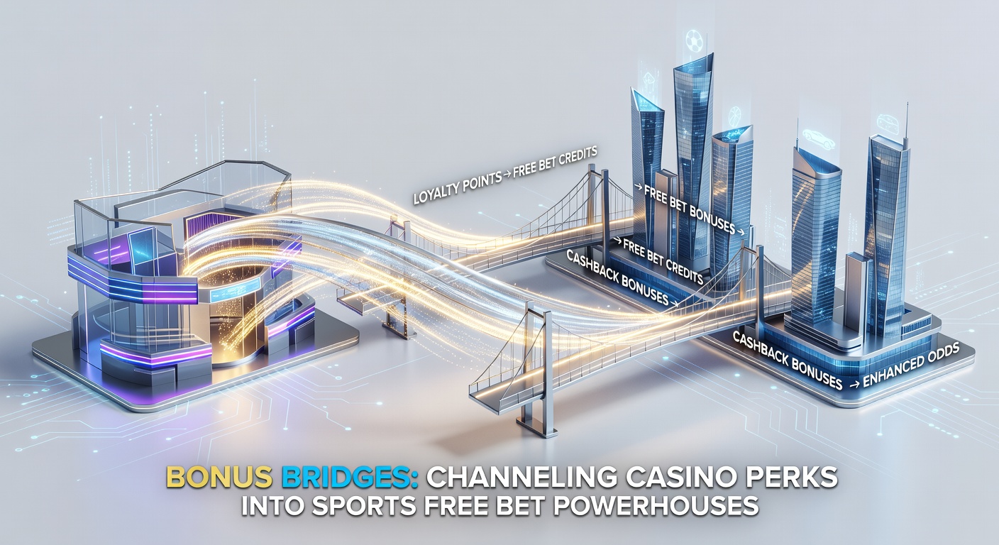 Dynamic graphic of a bridge made from golden casino coins leading to a sportsbook explosion of free bet vouchers amid cheering crowds