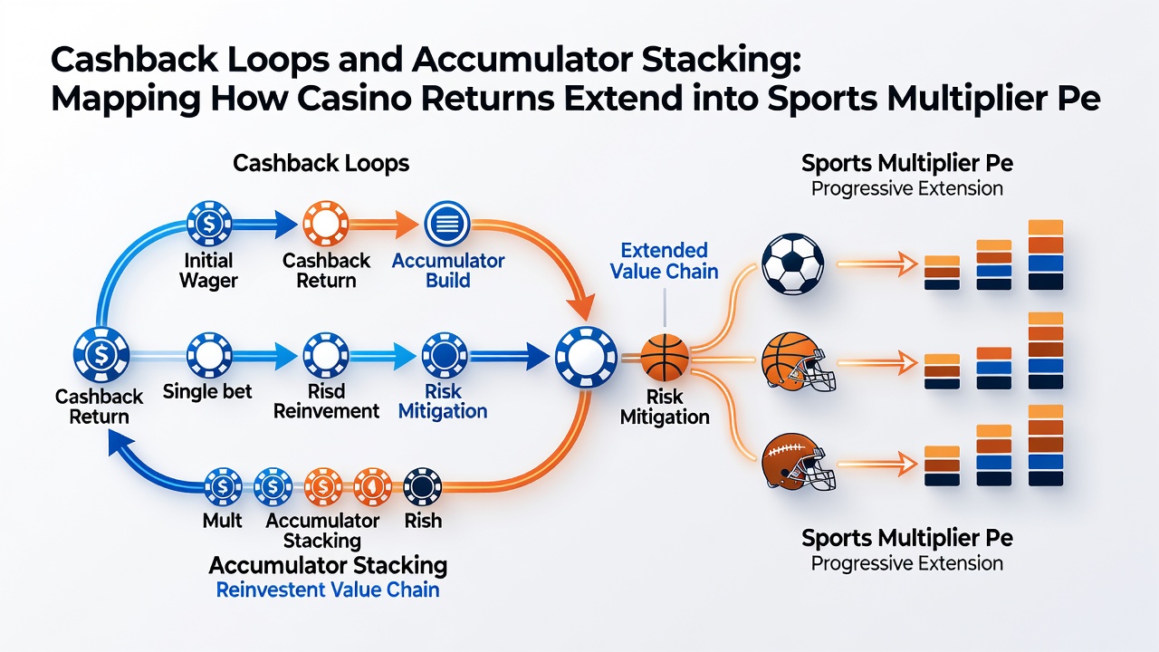 Illustration of accumulator stacking process linking casino cashback to sports betting multipliers