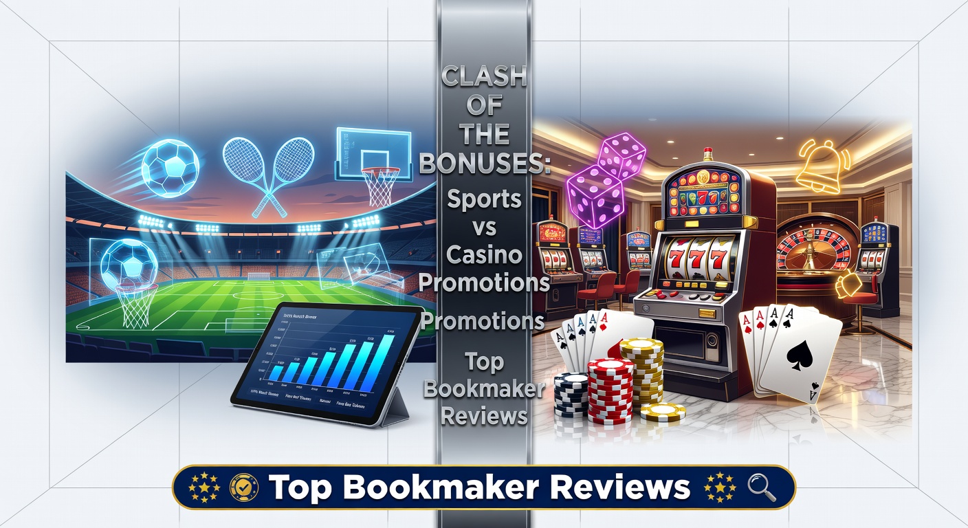 Split-screen image showing sports stadium crowd with free bet overlays versus vibrant casino floor with spinning reels and bonus explosions