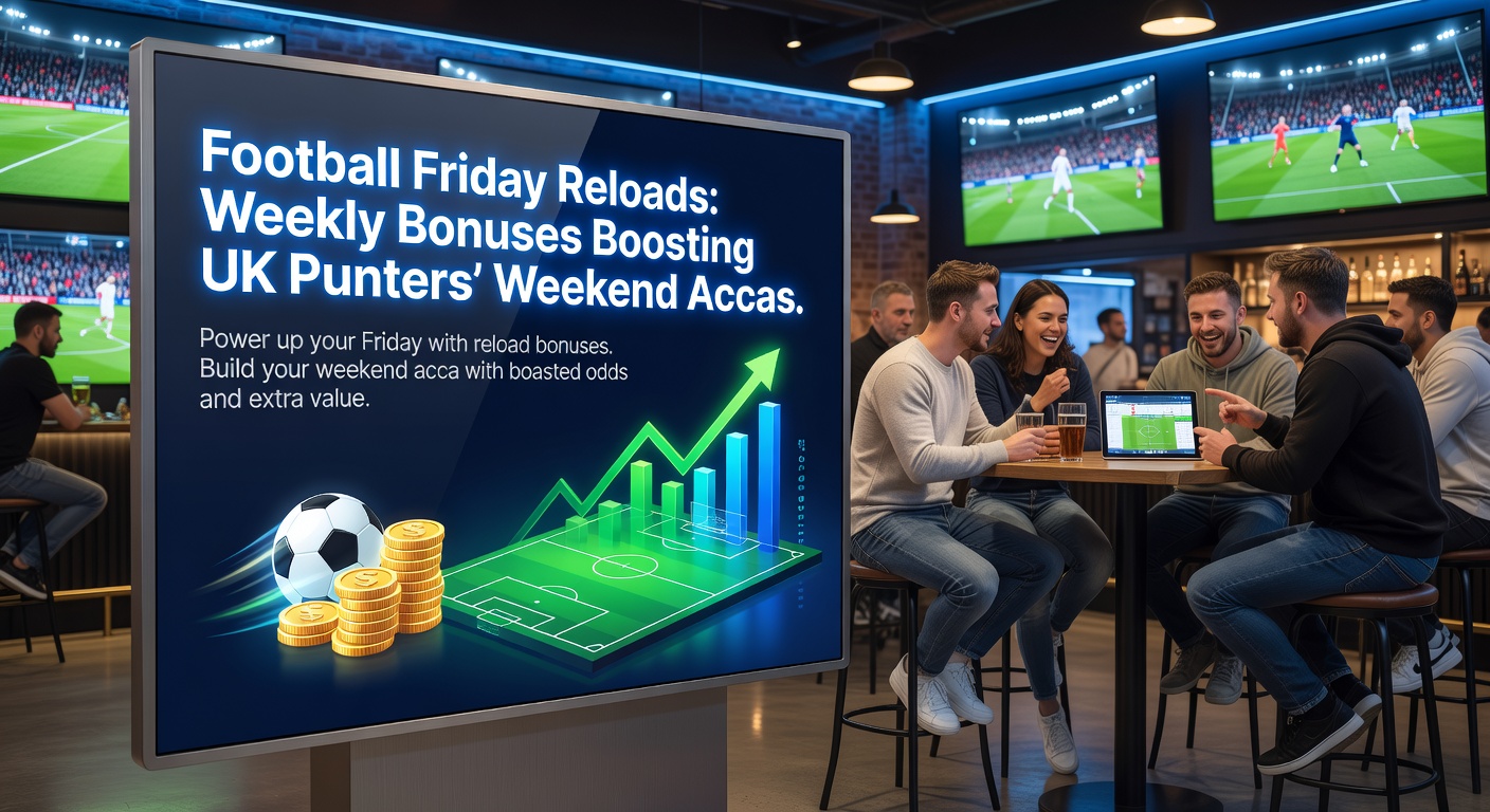 Close-up of a mobile betting app screen displaying a loaded Football Friday reload bonus notification, with a four-fold Premier League acca showing 65% profit boost applied