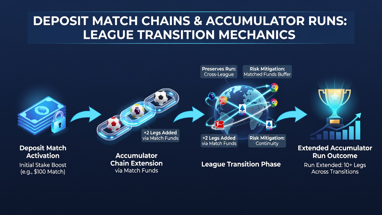 Diagram showing how deposit matches chain together to support longer accumulator betting sequences