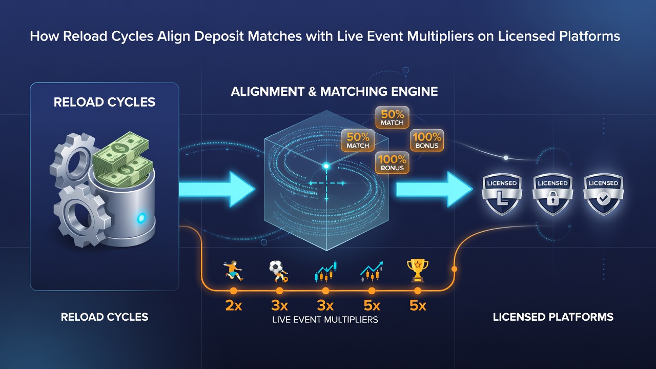 Screenshot of a licensed platform interface displaying aligned reload deposit match and live multiplier activation during an ongoing sports event