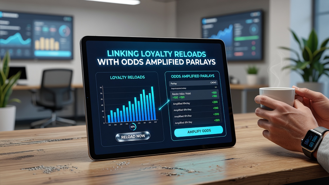 Close-up view of a tablet displaying an amplified parlay slip with loyalty reload credit applied in a betting application