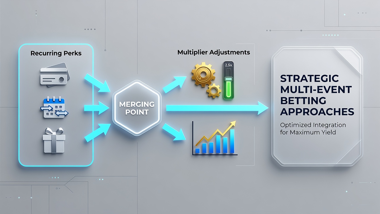 Illustration of multi-leg betting interface with active recurring perks and multiplier sliders
