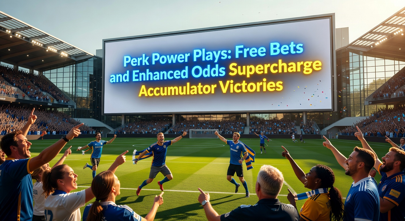 Close-up of a smartphone screen displaying an accumulator bet slip with enhanced odds icons and free bet applied, highlighting boosted payouts