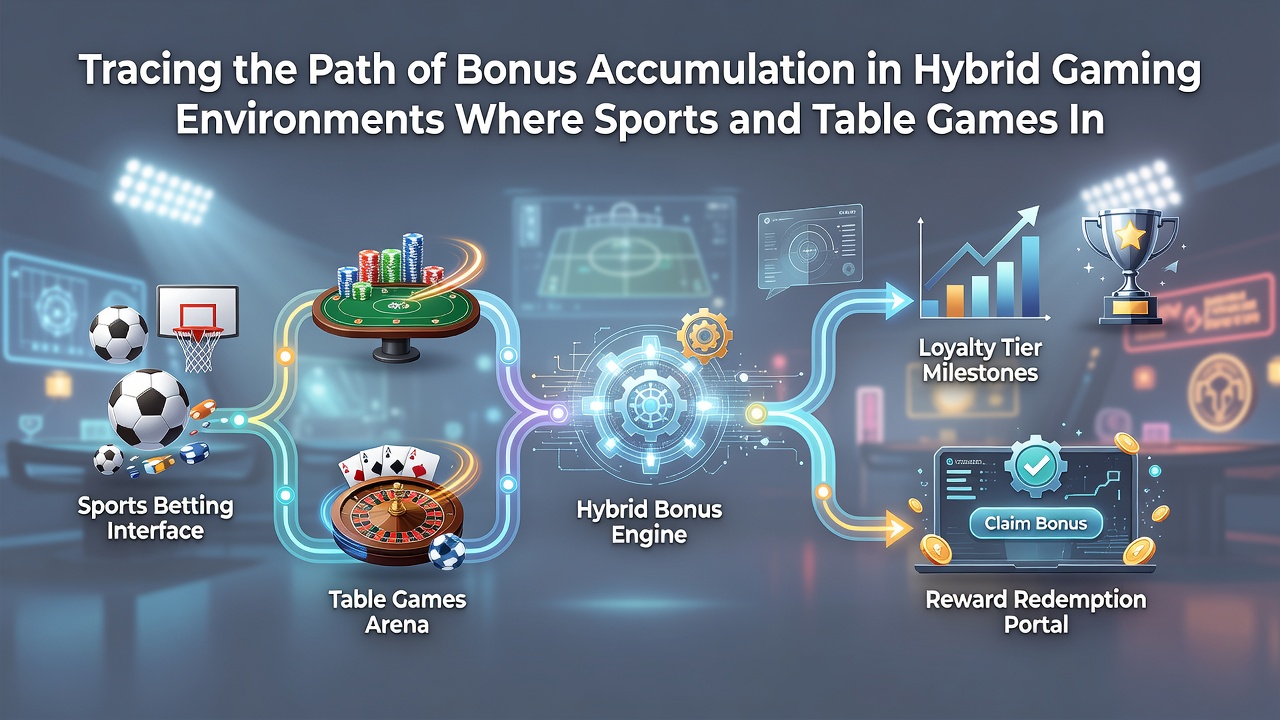 Diagram showing sequential bonus flow from sports events to table game sessions with conversion points highlighted