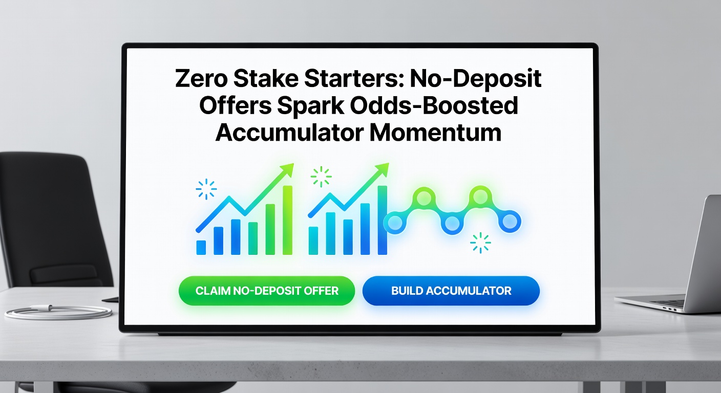 Illustration of a punter at a betting terminal, screen displaying a winning odds-boosted accumulator with zero-stake entry highlighted